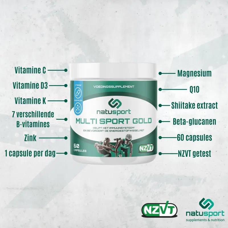 Natusport Multi Sport Gold belangrijke ingrediënten: Vitamine C, D, K, 7 verschillende B-vitamines, Zink en Magnesium.