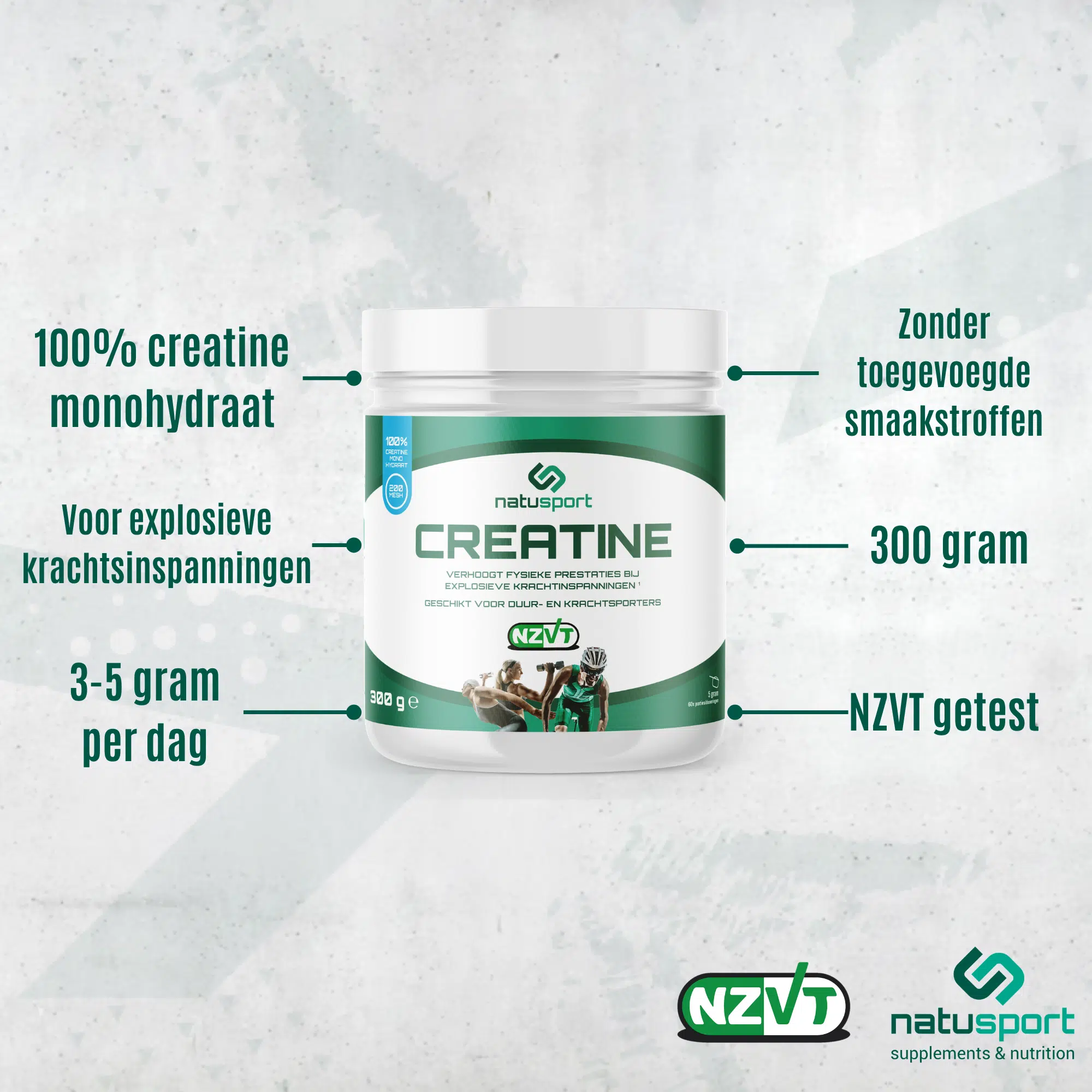 Natusport Creatine voor explosieve krachtsinspanningen en zonder toegevoegde smaakstoffen. NZVT gekeurd